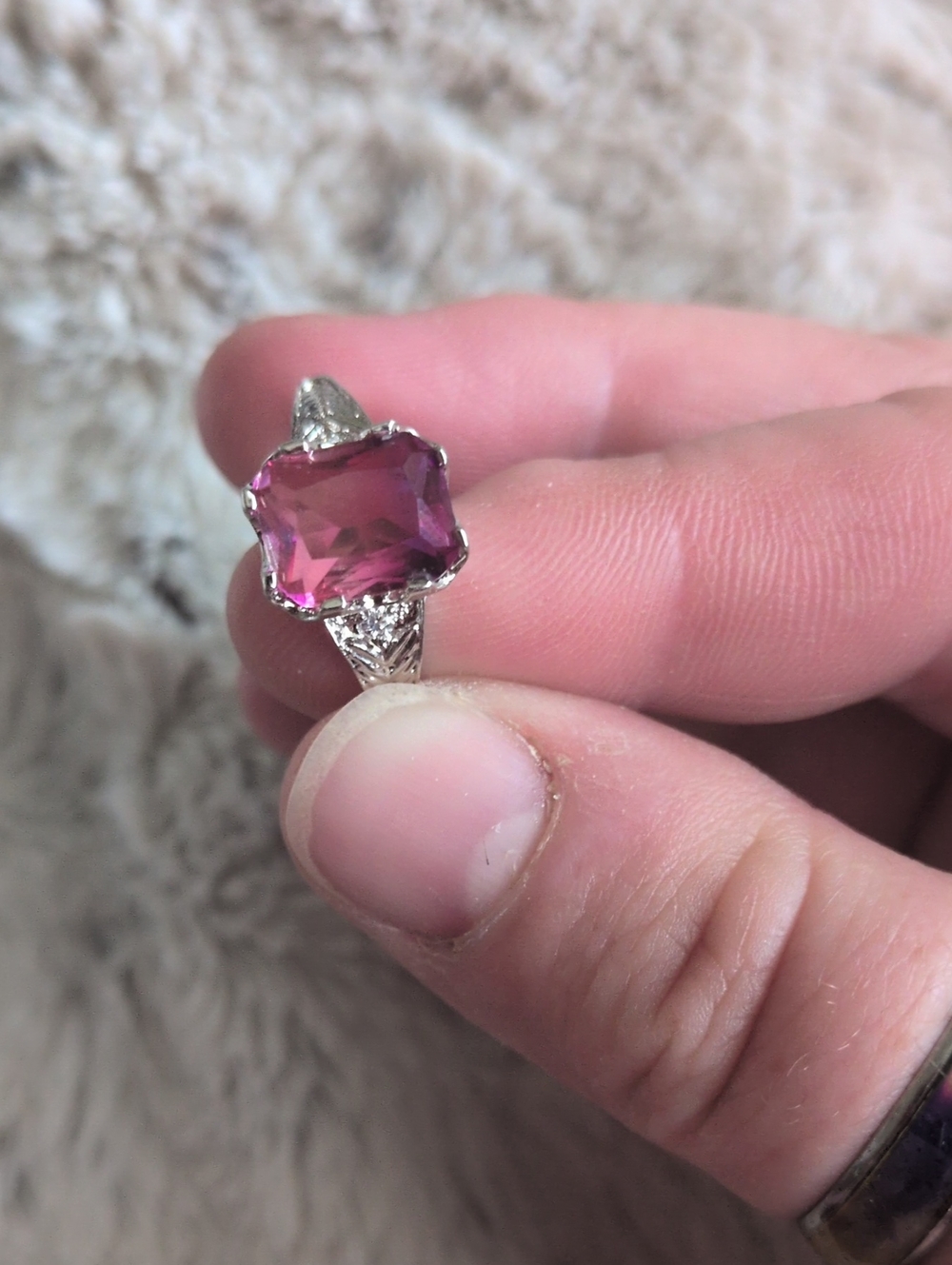 Pink Gemstone Filigree Silver-Style Ring